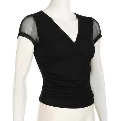 Short sleeve v neck mesh ruched solid top
