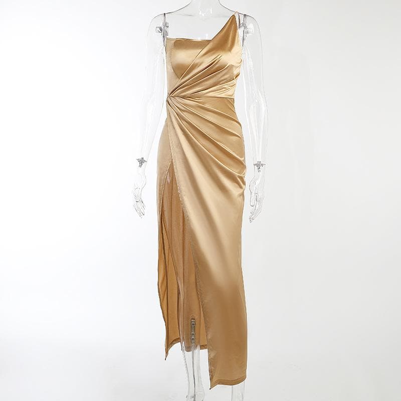 One Shoulder Spaghetti Strap Ruched Side Slit Satin Midi Dress
