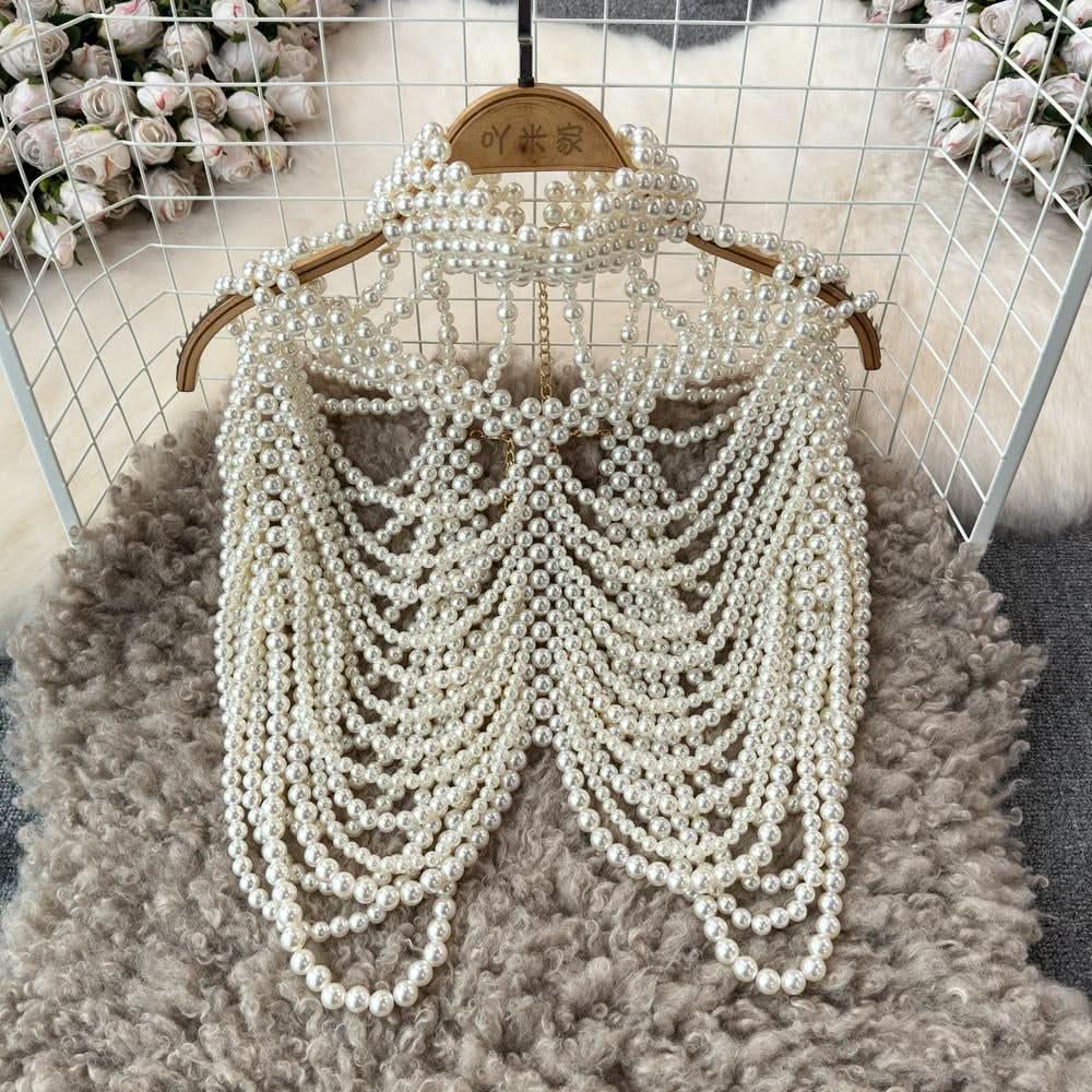 Beaded high neck hollow out metal chain cut out top