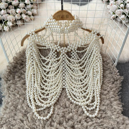 Beaded high neck hollow out metal chain cut out top