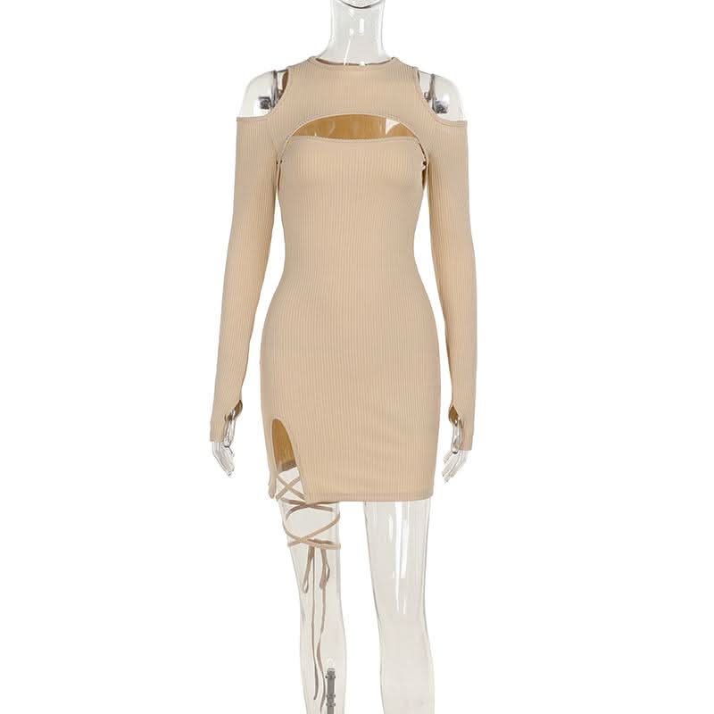Long sleeve off shoulder knitted hollow out self tie cut out mini dress