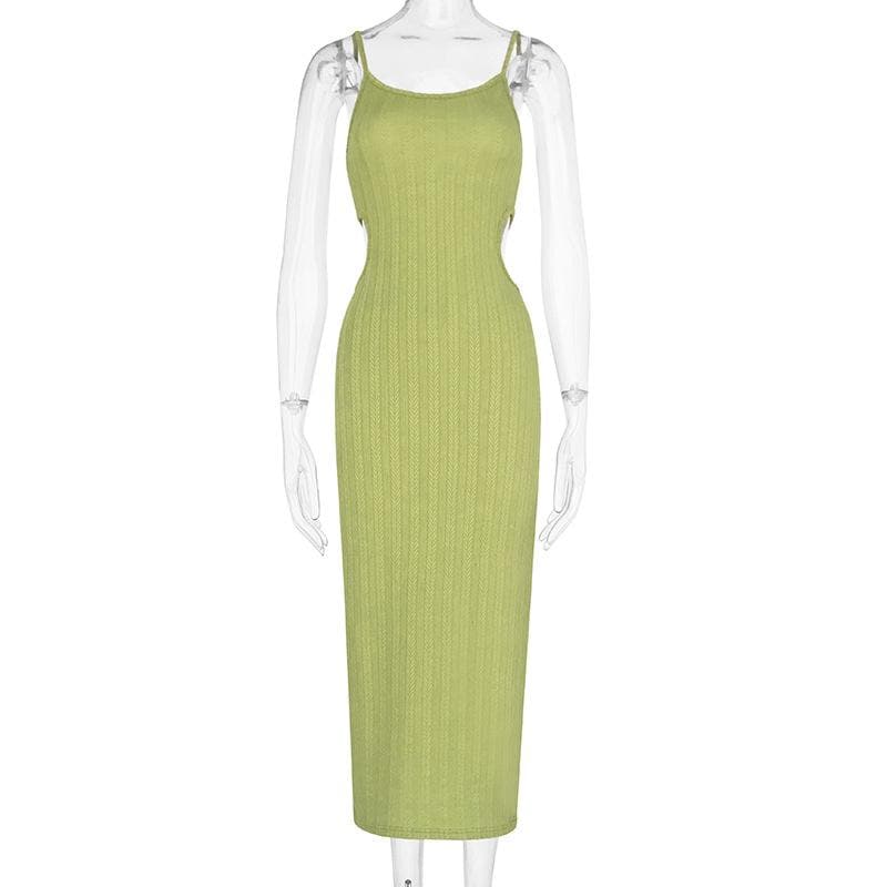Scoop Neck Spaghetti Strap Textured Rib Knit Waist Cutout Bodycon Midi Dress