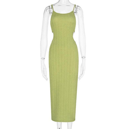 Scoop Neck Spaghetti Strap Textured Rib Knit Waist Cutout Bodycon Midi Dress