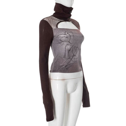 Long sleeve hollow out high neck button print cut out top
