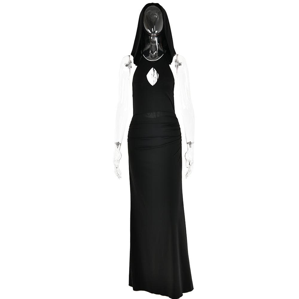 Hooded Halter Keyhole Sleeveless Ruched Hip Maxi Dress