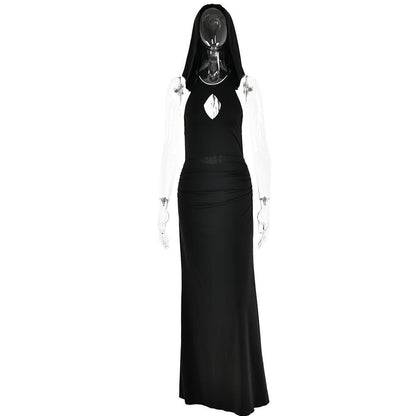 Hooded Halter Keyhole Sleeveless Ruched Hip Maxi Dress