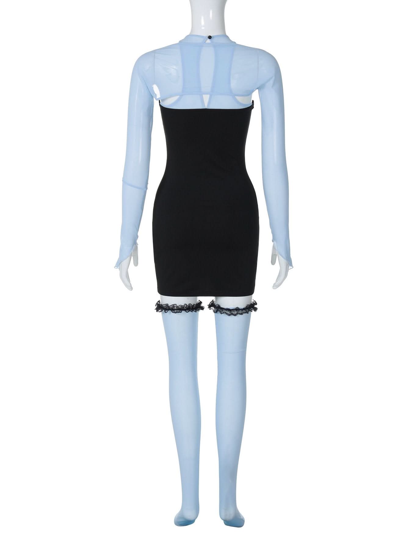 Shrug mesh long sleeve button 3 piece mini dress