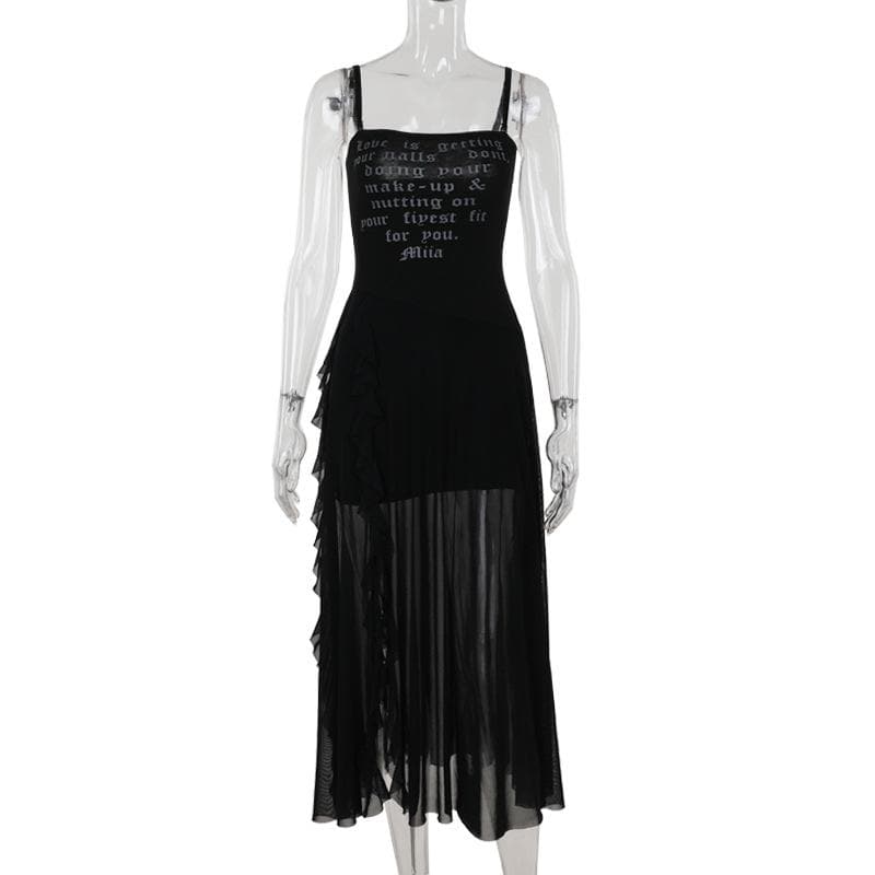 Mesh slit letter print ruffle cami maxi dress