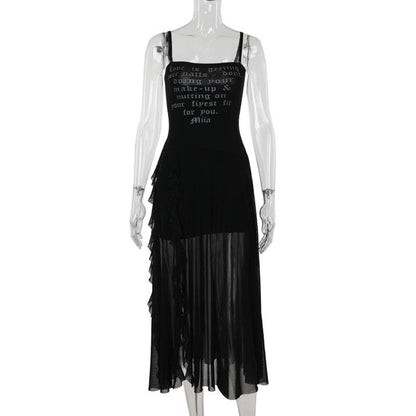 Mesh slit letter print ruffle cami maxi dress