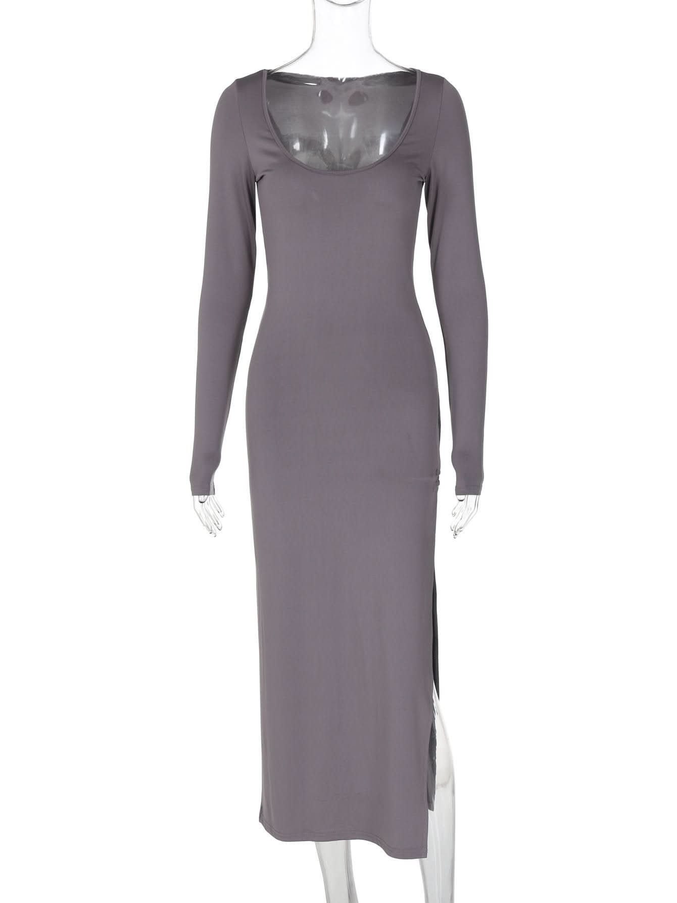 U neck long sleeve slit solid maxi dress