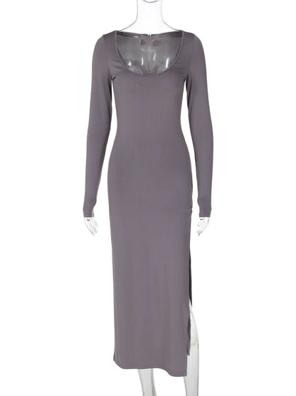 U neck long sleeve slit solid maxi dress