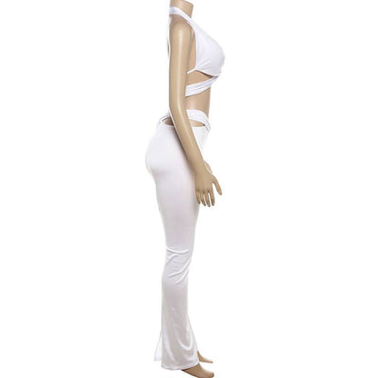 Halter v neck cross front backless hollow out pant set