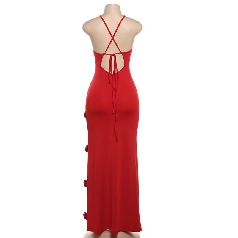V neck flower applique cross back cami maxi dress-final-sale