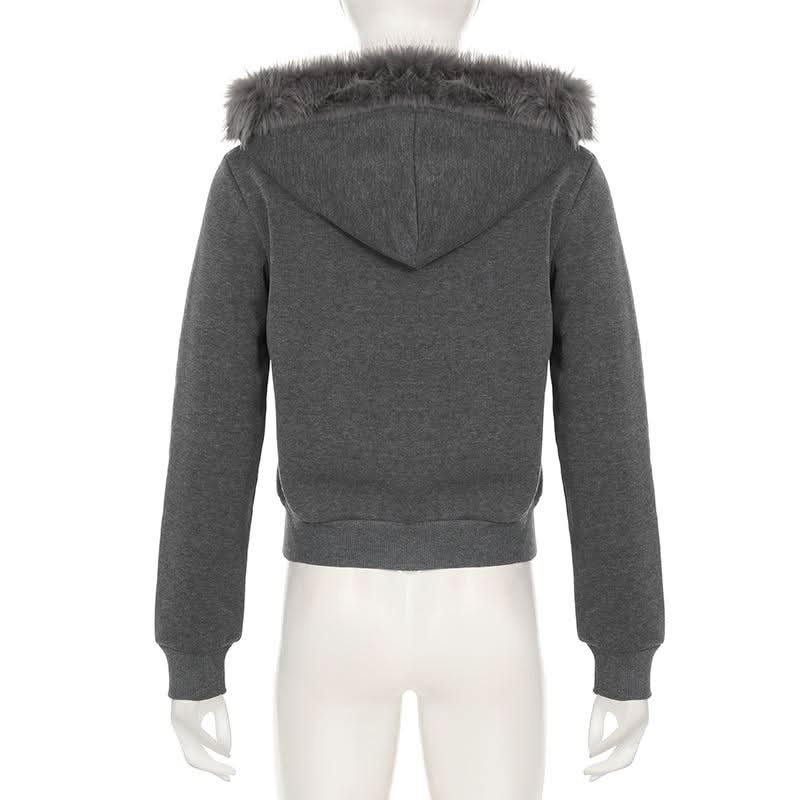 Hoodie long sleeve fluffy zip-up coat top
