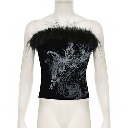 Butterfly print fluffy tube top