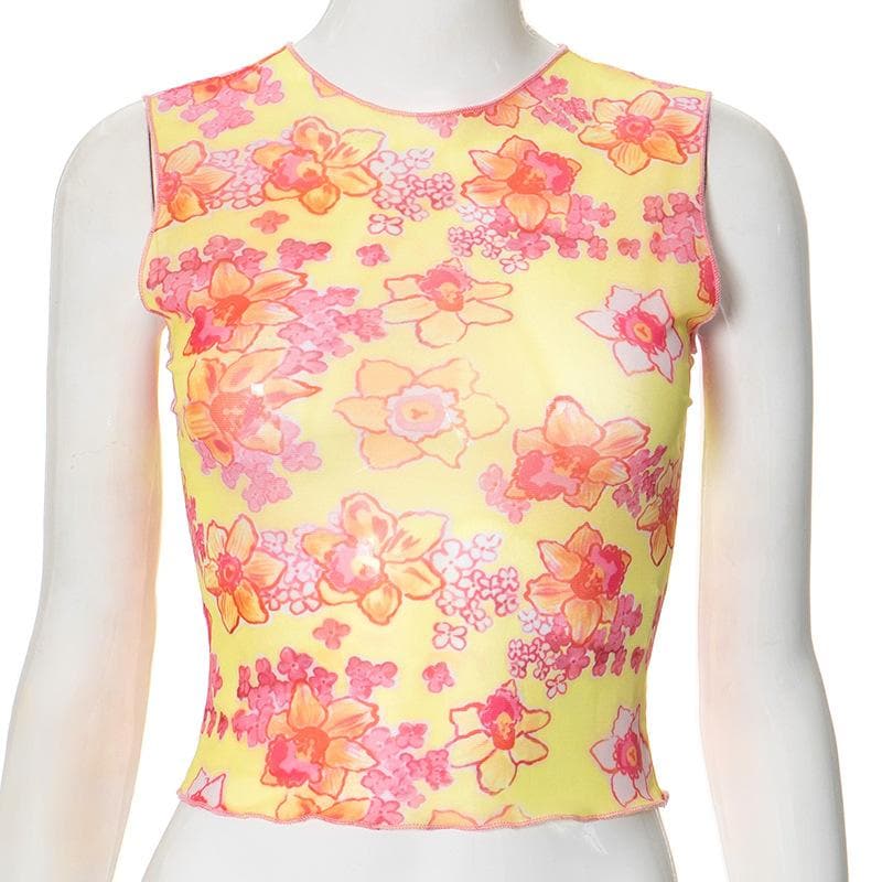 Sleeveless flower print sheer mesh crop top