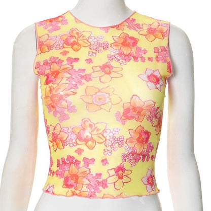 Sleeveless flower print sheer mesh crop top