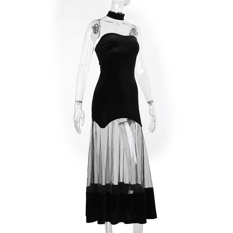 Ruched velvet mesh patchwork tube midi dress