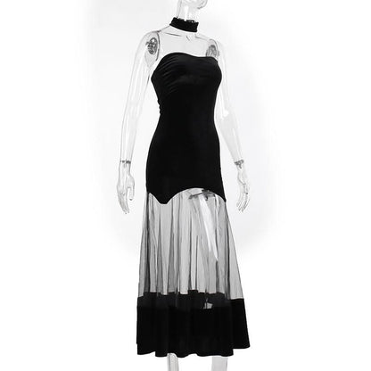 Ruched velvet mesh patchwork tube midi dress