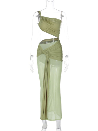 One shoulder ruched hollow out mesh cut out maxi dress