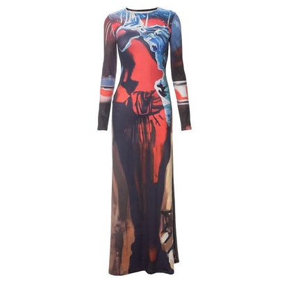 Abstract long sleeve contrast print maxi dress