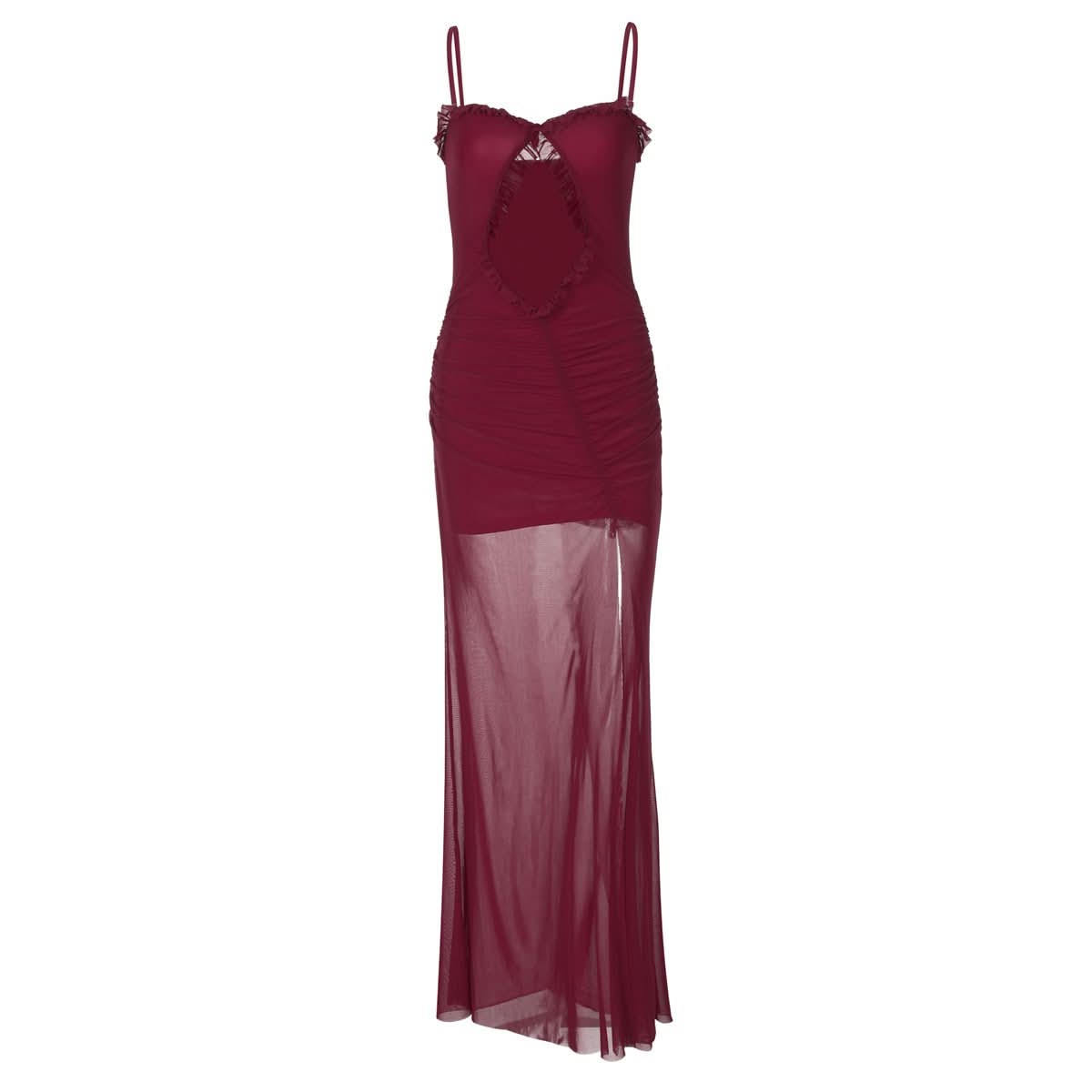 Hollow out mesh ruffle ruched cami cut out maxi dress