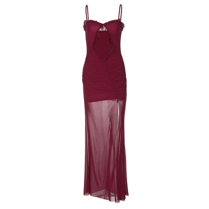 Hollow out mesh ruffle ruched cami cut out maxi dress