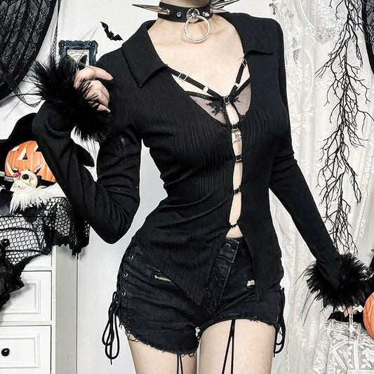 Turnover collar long sleeve fluffy button knitted top