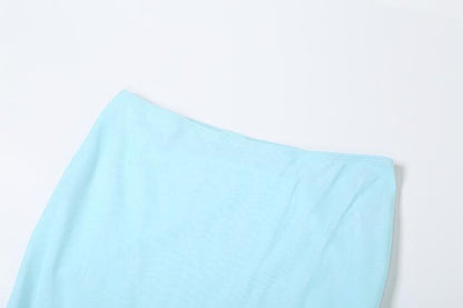 Flower applique ruffle ruched sheer mesh cami maxi skirt set