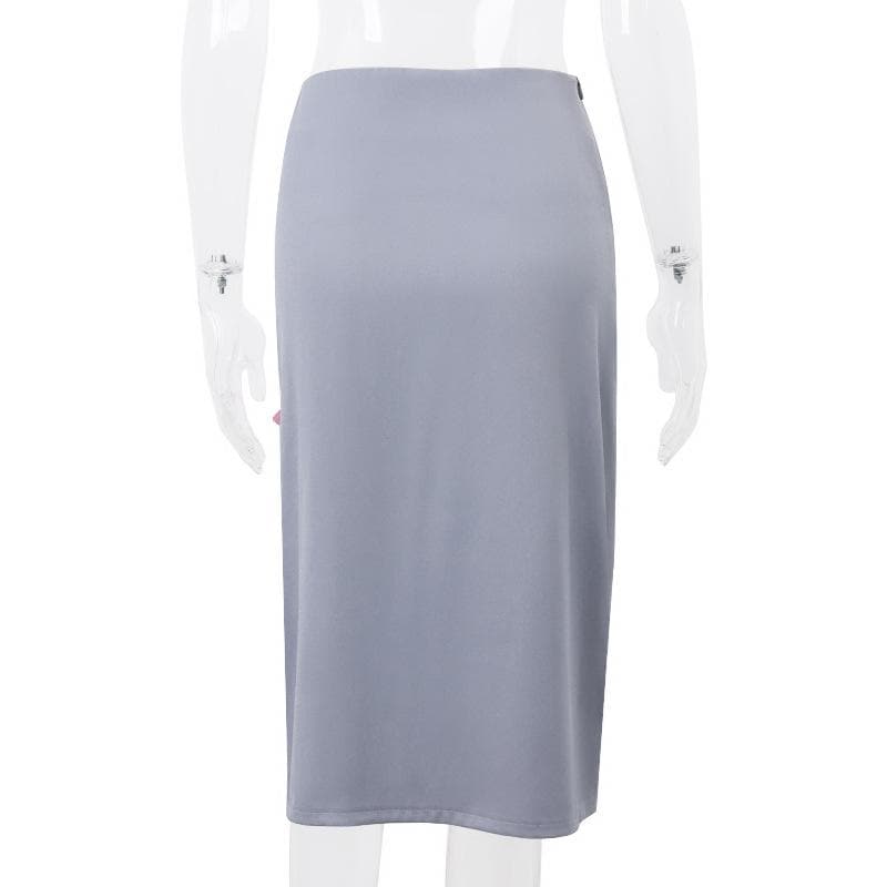 Bowknot slit lace hem denim zip-up hollow out irregular cut out midi skirt