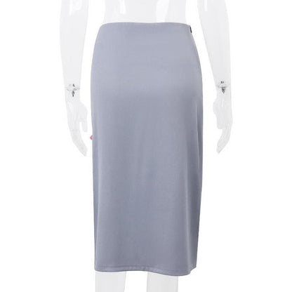 Bowknot slit lace hem denim zip-up hollow out irregular cut out midi skirt