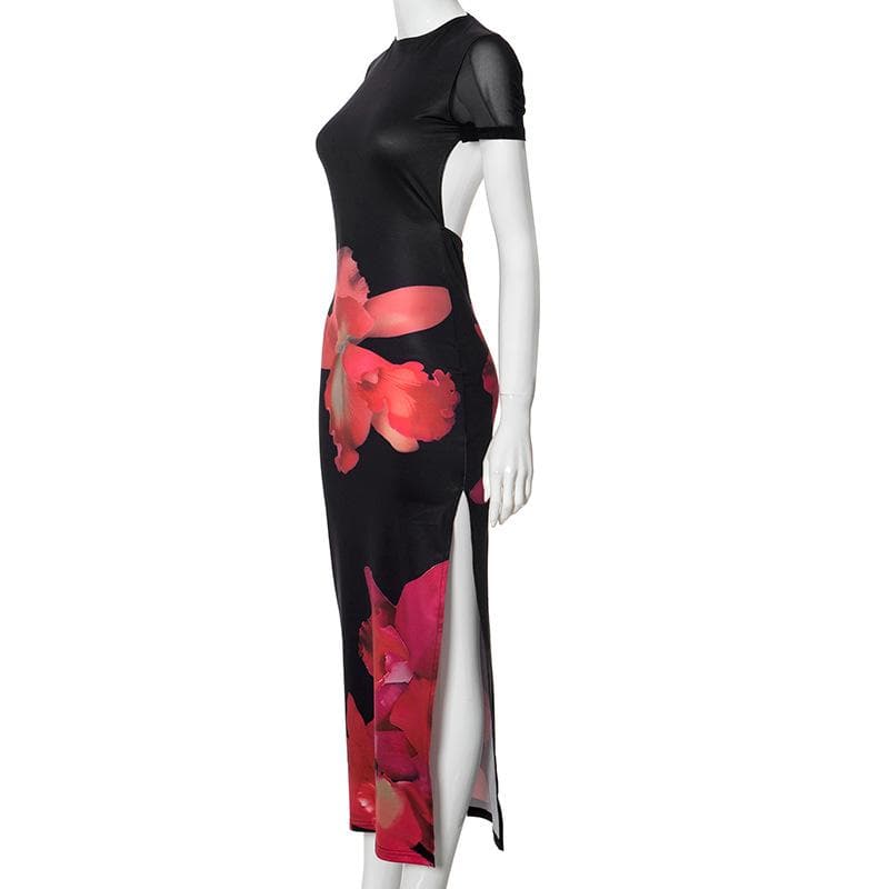Short sleeve self tie flower print high slit maxi dress