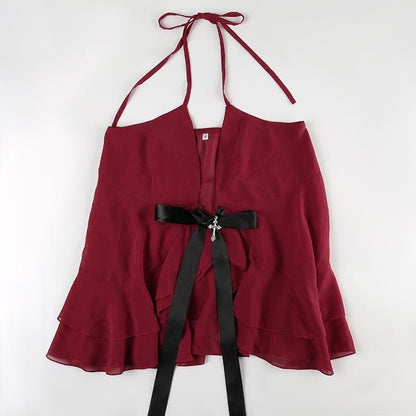 Halter cross applique bowknot mesh ruffle top
