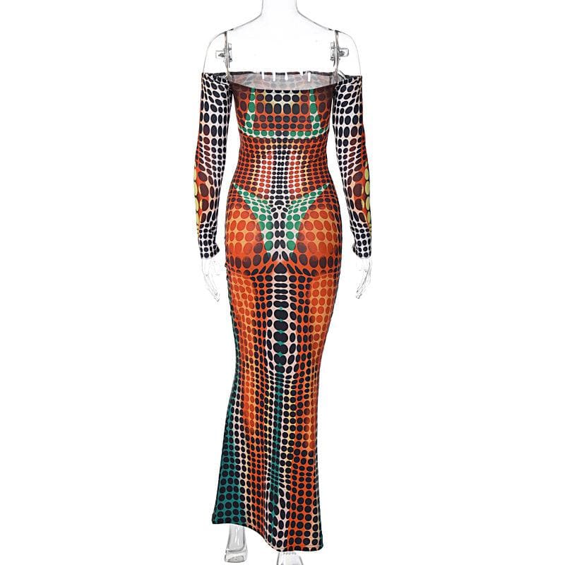 Off Shoulder Optical Illusion Dot Print Long Sleeve Bodycon Maxi Dress