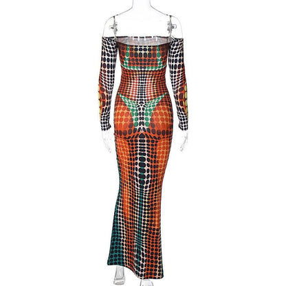 Off Shoulder Optical Illusion Dot Print Long Sleeve Bodycon Maxi Dress