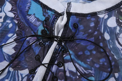 Sleeveless crewneck lace up print sheer mesh maxi dress