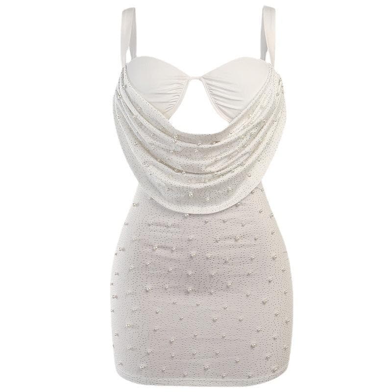 Cowl Overlay Sweetheart Cutout Rhinestone Pearl Beaded Sleeveless Mini Dress