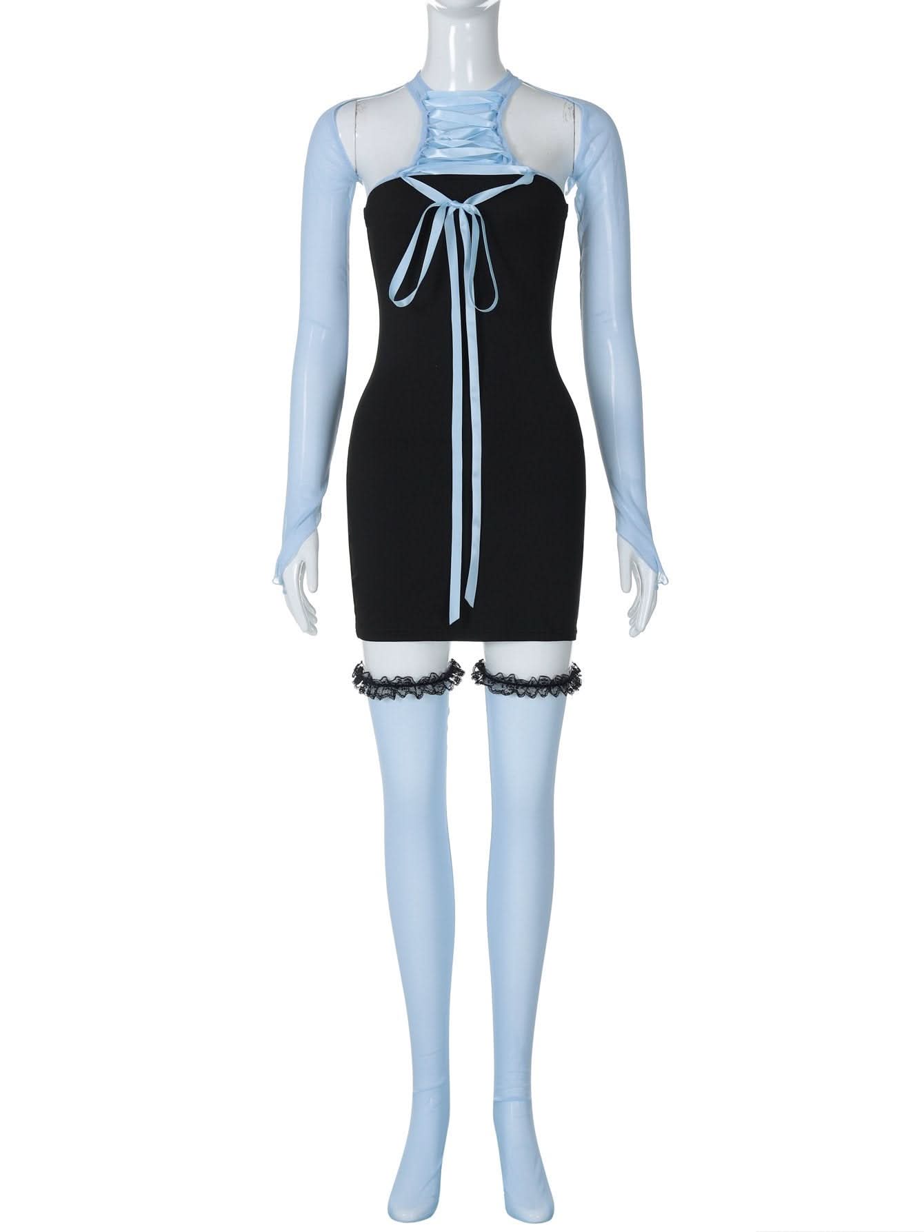 Shrug mesh long sleeve button 3 piece mini dress