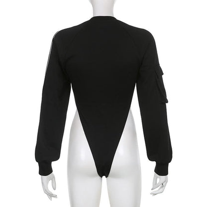 Pocket letter print long sleeve crewneck contrast bodysuit