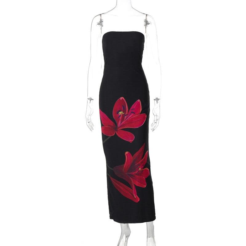Flower print knotted backless tube maxi dress