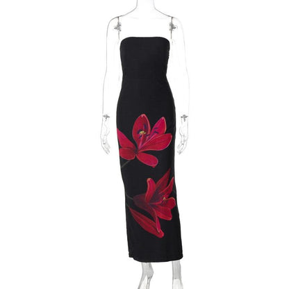 Flower print knotted backless tube maxi dress