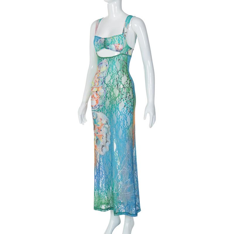 Hollow out butterfly pattern lace tie dye cut out maxi dress