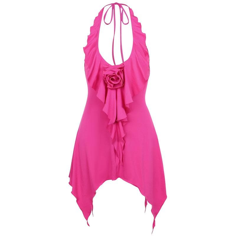 Halter flower applique backless ruffle u neck solid mini dress
