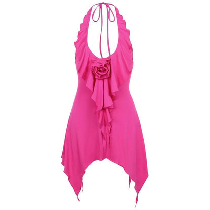 Halter flower applique backless ruffle u neck solid mini dress