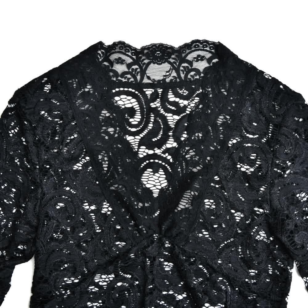 Flared sleeve v neck lace see through solid top-final-sale