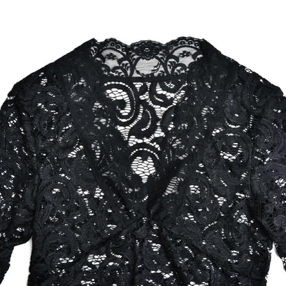 Flared sleeve v neck lace see through solid top-final-sale