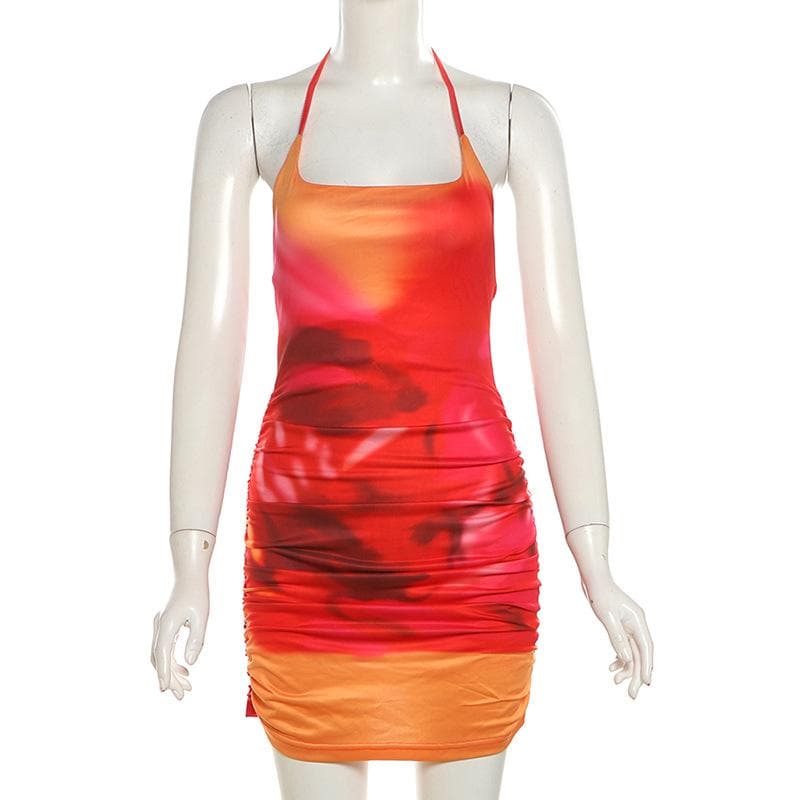 U neck halter tie dye ruched backless mini dress