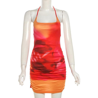 U neck halter tie dye ruched backless mini dress