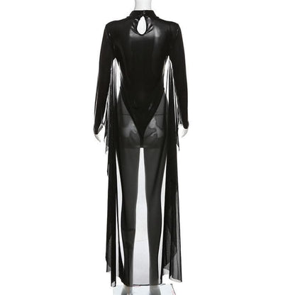 Long sleeve high neck PU leather hollow out mesh bodysuit-final-sale