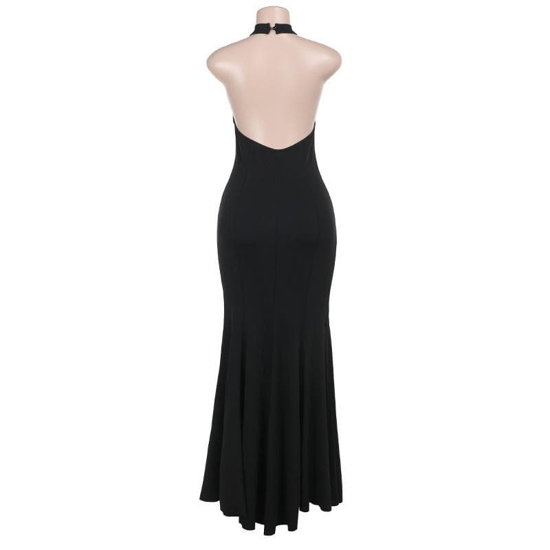 Halter backless high slit solid maxi dress
